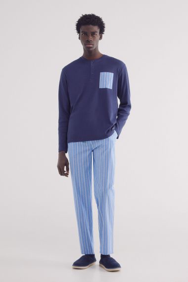Pijama largo pantalón tela rayas azul