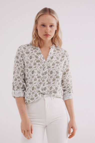 Camisa cuello mao algodón lino